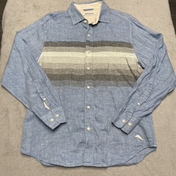 Tommy Bahama Shirt Mens Medium Blue Linen Striped Casual Beach Coastal Preppy - Picture 1 of 9